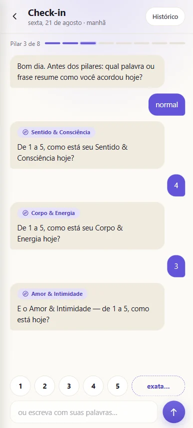 Check-in da Bússola perguntando pilar por pilar, como Sentido e Consciência e Corpo e Energia, com nota de 1 a 5.
